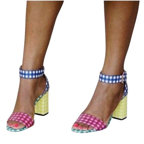 J.Crew Womens Multicolored Gingham Plaid Block Heel Sandals Ankle Strap Size 7 - Picture 1 of 11
